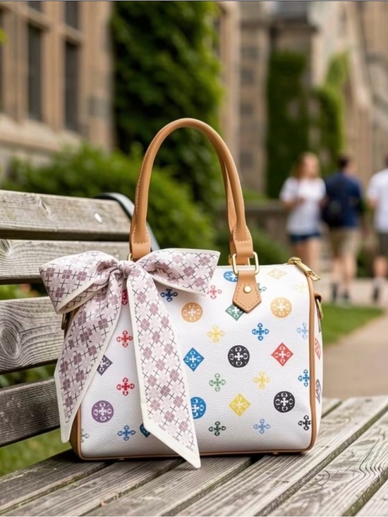 Handbags - White Multicolor Pattern Mini Satchel with Tan Handles & Crossbody Strap